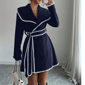 Solid Wide Collar Color block Belted jacket Coat